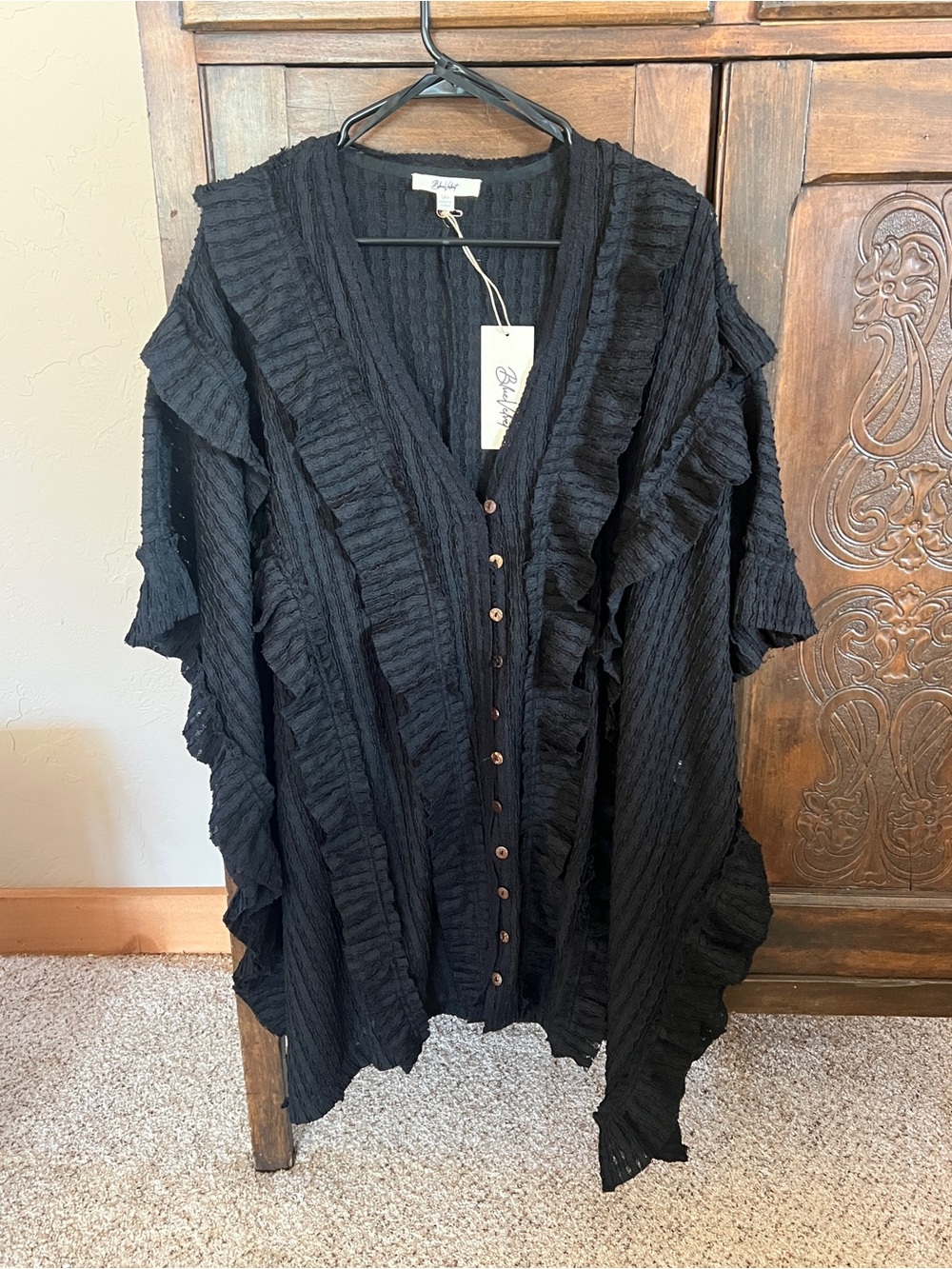 Blue Velvet Black Ruffled Button-Front Tunic Top